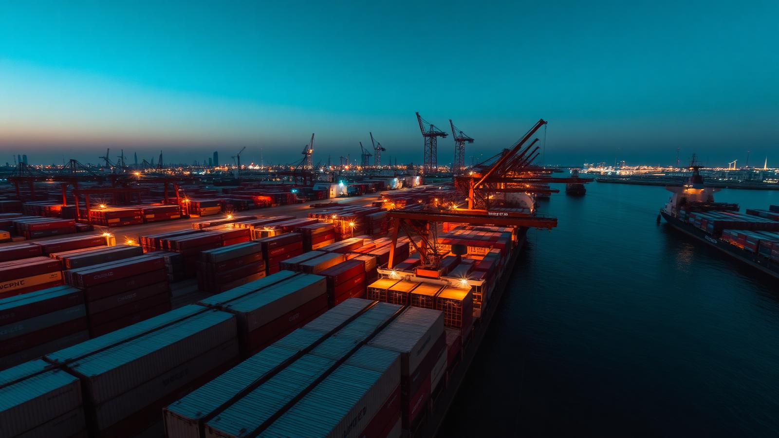 Container port at dusk